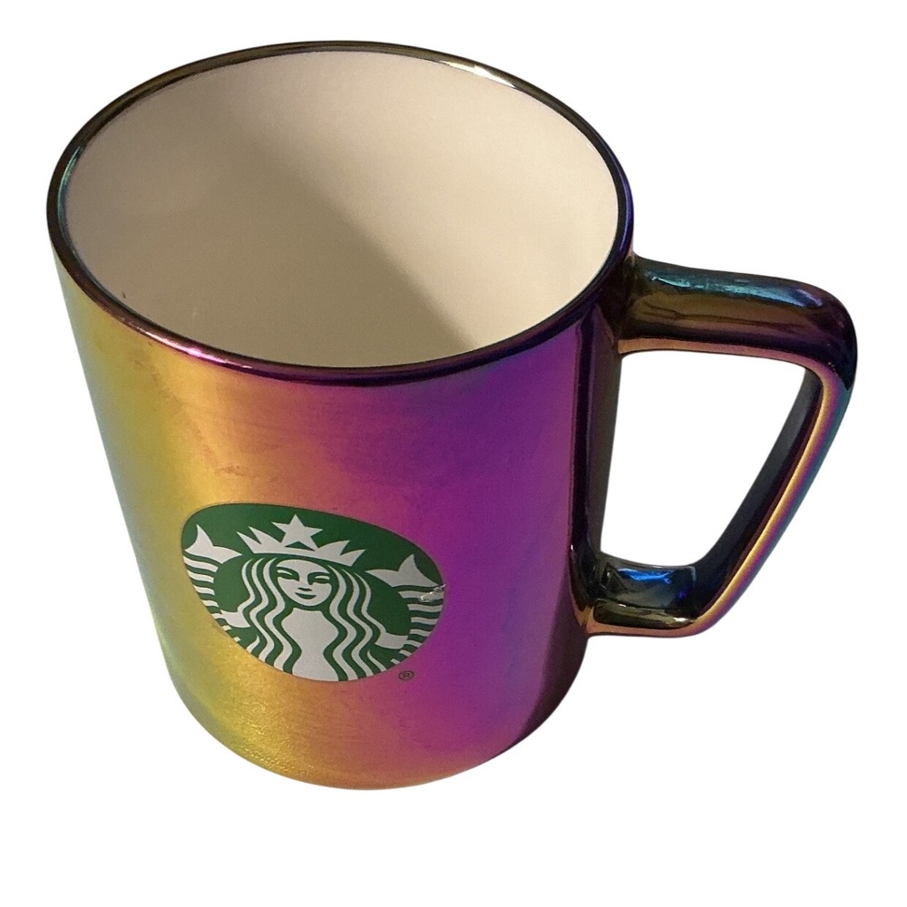 Starbucks Iridescent Oil Slick Ceramic Coffee Mug Siren Logo Purple Gold 3.5in
